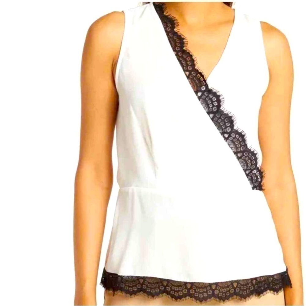 NWT Pleione Lace-trimmed Peplum Blouse Women’s Size M Surplice Neck White
